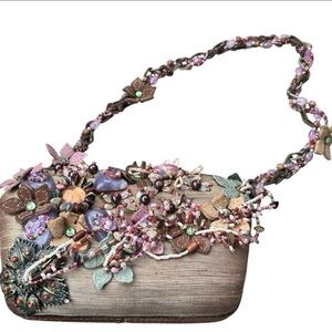 Mary Frances Hard Case Embellished Floral Fabric Beaded Purse Clutch Handbag